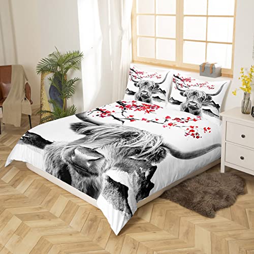 Manfei Highland Cattle Bedding Set Queen Size Cute Floral Bull Cow Print Comforter Cover 3Pcs With 2 Pillowcases Animal Theme Duvet Cover Set For Kids Boys Teens Western Cowboy Bedspread Cover #TOP1