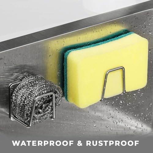Image of Stainless Steel Adhesive Sponge Holder for Kitchen Sink, Hanging Hooks Without Drilling, Waterproof Caddy Organizer, Rustproof Sponge Rack for Scrubber & Brush, Kitchen Accessories (Pack of 1)