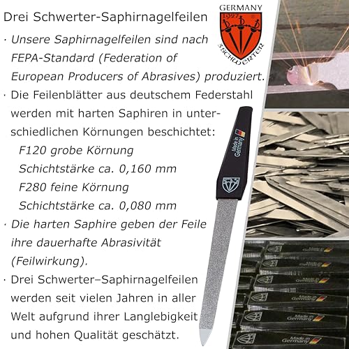 DREI SCHWERTER - Saphir Nagelfeilen Set 2+1 | Hochwertiges Nagelset für Maniküre und Pediküre, Made in Germany | Inhalt: 2x Saphir-Nagelfeile und 1x Drei-Weg-Nagelpolierer
