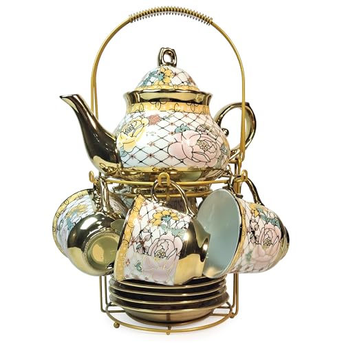 Image of DMRD Ceramic Tea Set -13 Pcs |1Kettle (800 ml), 6 Cups (180ml) & 6 Plates | Microwave & Dishwasher Safe | Elegant Morning Tea Set for Gifting | Floral & Aesthetic Design | Cute Cups Set (Check White)