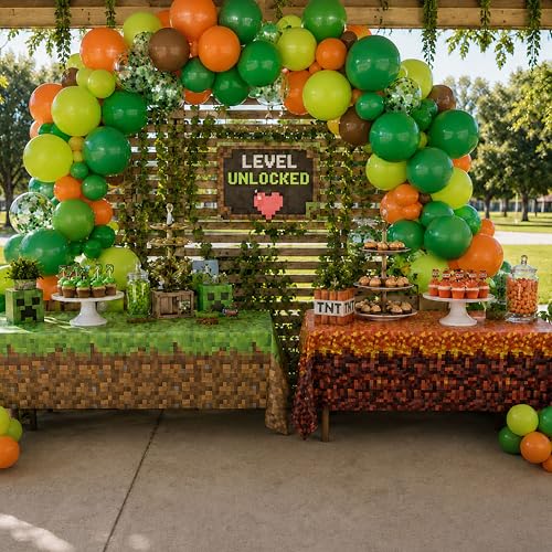 Image of Pixel Field & Lava Duo Table Covers (Pack of 2) - XL 54 inchx108 inch - Immersive Biomes Birthday Party Decorations, Gamer Party Tablecloth, Pixel Themed Decor, Plastic Table Cover, Event Decoration