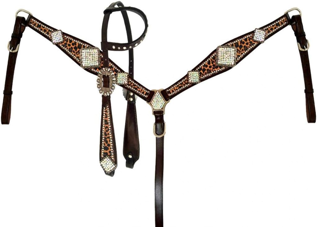 Showman Leather Headstall & Breast Collar Set w/Cheetah Print