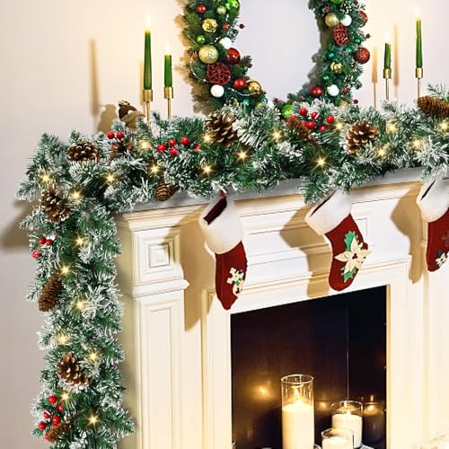 9FT Prelit Christmas Garland with Lights, Battery Operated Lighted with Pine Cones & Red Berries, Snowy Winter Decor for Mantle, Fireplace – Perfect for Indoor & Outdoor