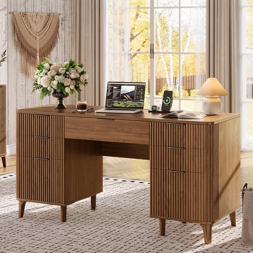 Oxirth 55.1' Fluted Executive Desk with Drawers, Wood Computer Desk with Storage Cabinet, Home Office Desk with Charging Station, Farmhouse Desk with File Cabinet for Office Home (Walnut)