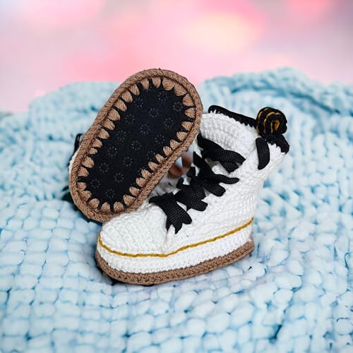 Handmade Crochet Baby White Custom Wool Organic Booties – Classic High-Top Lace-Up Knit Nweborn Sneakers, Non-Slip Soles, Perfect Baby Shower Gifts, First Steps, Unisex, 0-3, 3-6, 6-9 Months3