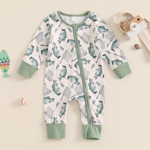 Newborn Baby Girl Boy Fishing Outfit Fish Print Long Sleeve Romper Zipper Jumpsuit Infant Coming Home Clothes3