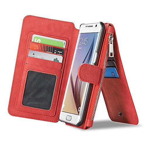 Galaxy S7 Case, Belk Hi-Vol Detachable (Red) Leather Magnetic Sport Wallet Flip Case Folio Stand Case Zipper Coin Purse Card Slot Pocket Wallet Pouch for Samsung Galaxy S7