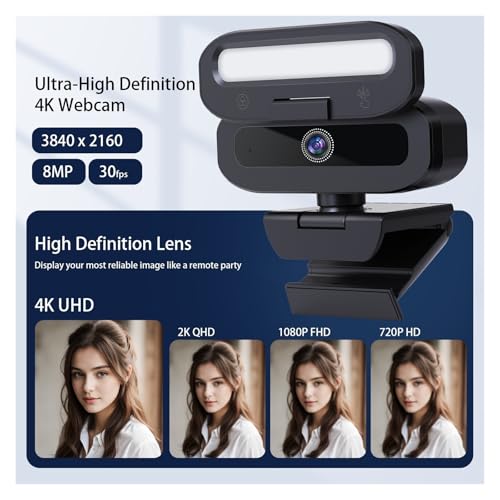 Webcam 4K avec éclairage LED d'appoint et cache de confidentialité pour PC - 4
