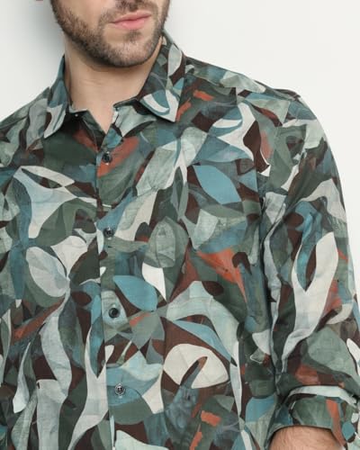 Image of MUFTI Olive Abstract Slim Fit Shirt