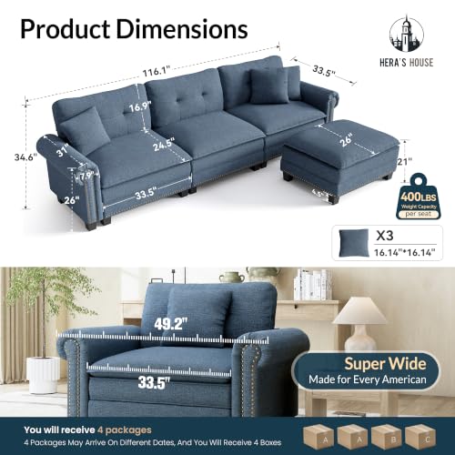 Image of HERA'S HOUSE 116 inch Oversized L Shaped Modular Sectional Couch Living Room | Mid-Century Modern 4-Seater Cloud Sofa, Blue, Rolled Arms & Nailhead Trim, Wider & Deeper Seats, Ottoman, Linen