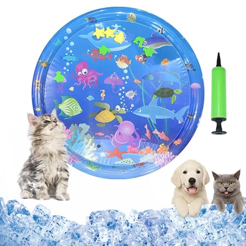 Vgpbphj Cat Water Mat, Cat Play and Cool Mat, Scratch-Resistant, Summer Inflatable Sensory Water Play Mats, with Pump, Interactive Toy Cats and Dogs (100cm-E)