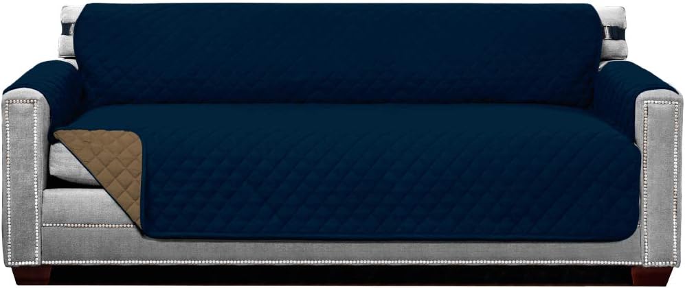 Sofa Shield Original Patent Pending Reversible X-Large Oversized Sofa Protector for Seat Width up to 78 Inch, Furniture Slipcover, 2 Inch Strap, Couch Slip Cover Throw for Dogs, Pets, Sofa, Navy Sand