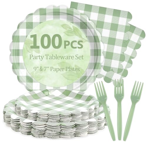 Image of Sage Green Gingham Paper Plates and Napkins Disposable Set for Baby Shower