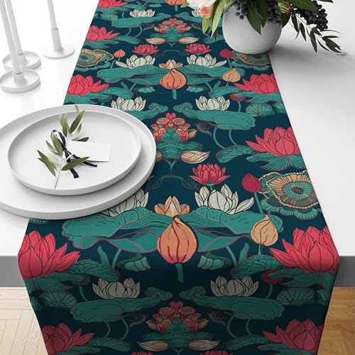 Astitva Cotton Table Runner 13x45 Inches | Lotus Blues Table Runn...