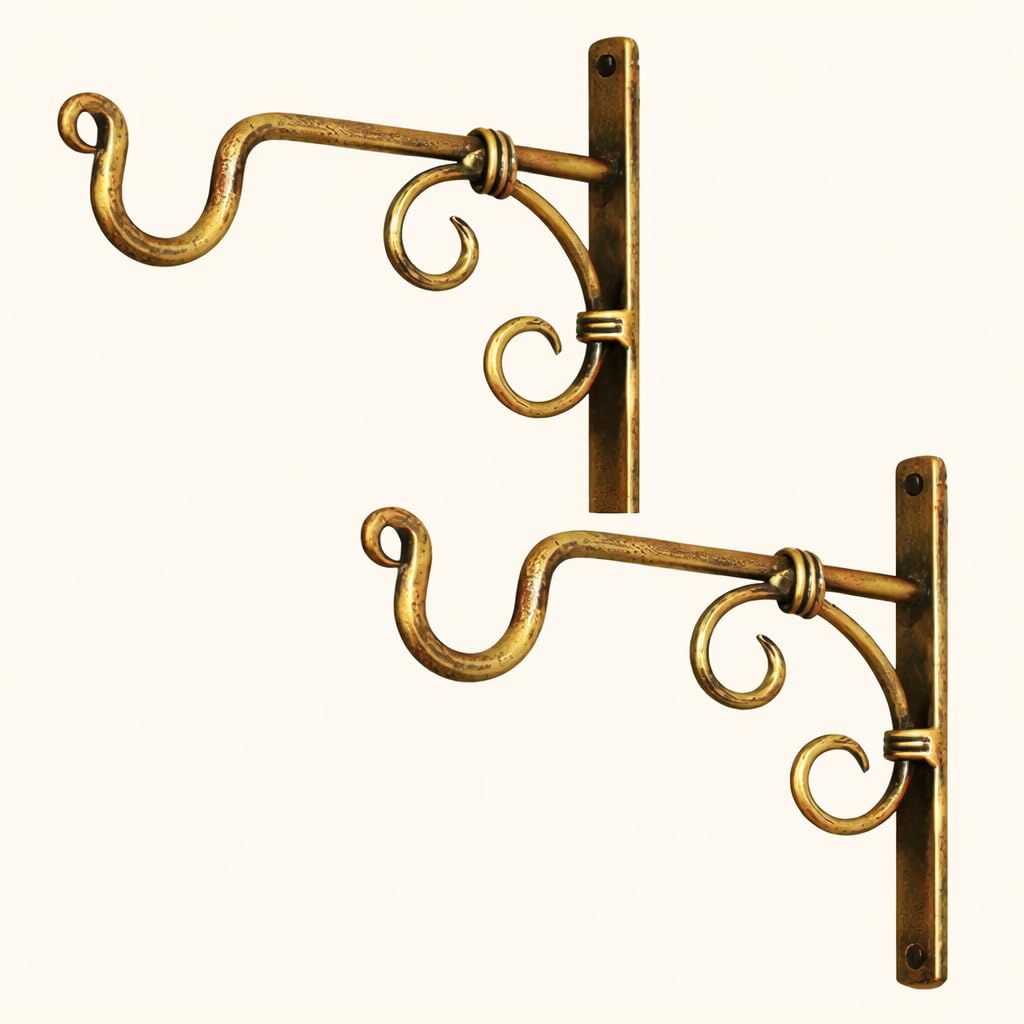 Iron Wall Hanging Planter Bracket Set of 2 | Vintage Scroll Hook for Flower Pots, Lanterns & Wind Chimes | Heavy Duty Antique Gold Wall Mount | Garden Balcony Décor-image-15