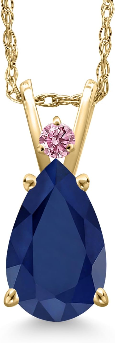 Gem Stone King 14K Yellow Gold Blue Sapphire and Pink Lab Grown Diamond Pendant Necklace for Women | 2.18 Cttw | Gemstone September Birthstone | Pear Shape 10X7MM | With 18 Inch Chain