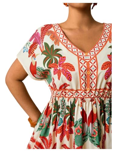 Image of Floerns Women's Plus Size Summer Vacation Wrap V Neck Short Sleeve Ruffle Hem A Line Hawaiian Short Dress