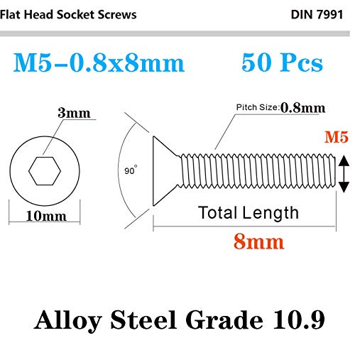 Image of 50 Pcs M5-0.8 x 8mm Flat Head Socket Cap Screws, Alloy Steel Grade 10.9, DIN 7991, Allen Socket Drive,Hex Drive,Black Oxide Finish (M5-0.8 x 8mm)