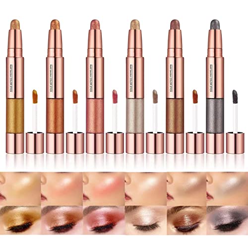 ABELYN 2-in-1 Cream Eyeshadow Stick 6 Colors Metallic Shimmer Eye Shadow Sticks & Highlighter Makeup Liquid Eye Shadow Pencil for Eyes (Pack of 6)