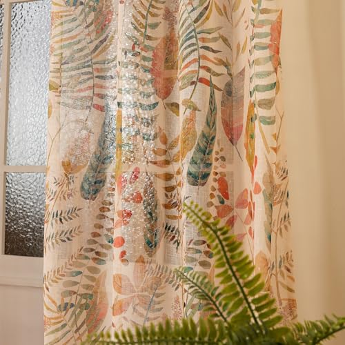 Image of Story@Home Long Door Curtains 9 Feet Long Set of 1 | Leaf Printed | Semi Transparent Curtain | Net Curtains | Sheer Curtain for Living Room | (118 X 275 Cm, Cream & Orange) | Perfect for Home Decor