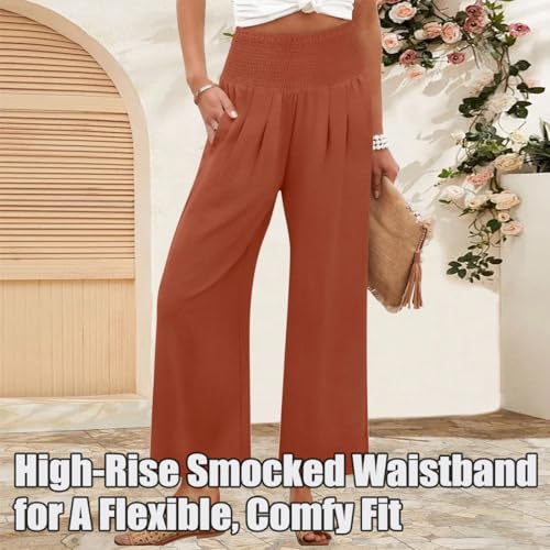 Sufficient Women's Smocked Waist Wide Leg Palazzo Pants, Continentau Summer Lightweight Trousers with Pockets3