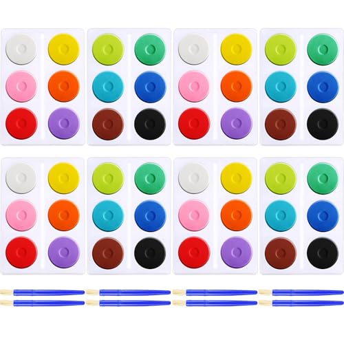 Nuanchu 4 Set 48 Pcs Tempera Paint Cakes with Tray 12 Colors 2.24 x 0.71 Inch Painting Cakes with Paintbrush Paints Blocks Art Supplies for Art Sessions Drawing Artists Beginners