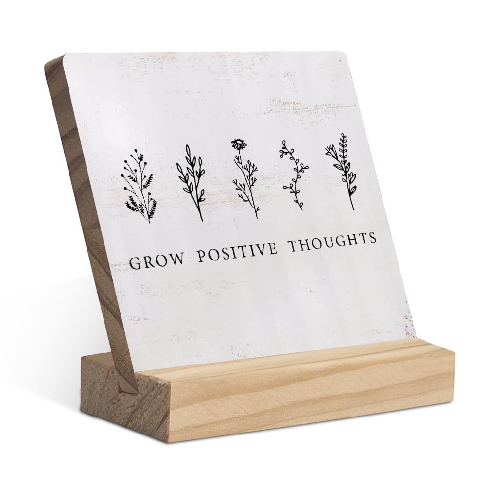 EIONEY Boho Neutral Botanical Desk Decor Wood Plaque with Wooden Stand,Grow Positive Thoughts Mental Health Therapy Office Desk Accessories,School
