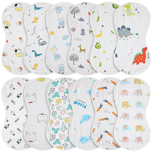 Image of Peryiter 12 Pcs Muslin Burp Cloths 20'' x 10'' 6 Layers Cotton Burping Clothes Animal Fruit Theme Soft Burp Rags Burpy Cloth Bib Hand Muslin Washcloths Absorbent Newborn Face Towels for Baby Boy Girl