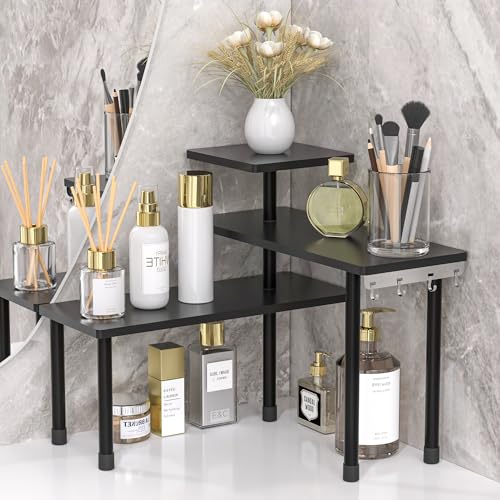 Image of JayRex Countertop Corner Shelf, 3 Tier Shelf Moveable Organizer for Bathroom Counter, Make Up, Dresser Table, Desktop Shelf (Black)
