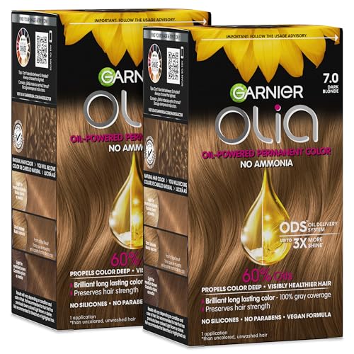 Garnier Olia Hair Color, Ammonia-Free Permanent Hair Dye, Oil-Powered Formula for 100% Gray Coverage and 3x Shinier Hair, Vegan & Cruelty Free, 7.0 Dark Blonde, 2 Count