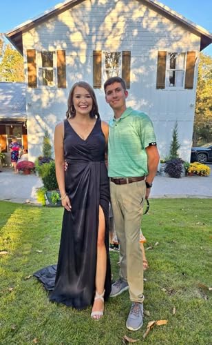 YMSHA Women's V Neck Bridesmaid Dresses with Slit Ruched Waist Satin Pleated Formal Party Dress YMS2774