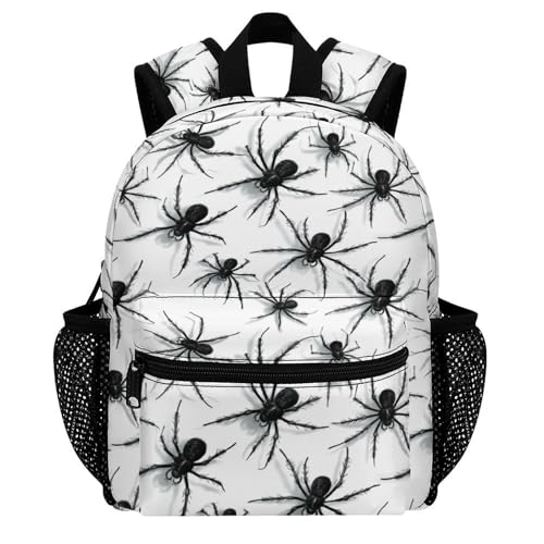 YSBKN Mini mochila para niños de 30.5 cm, diseño de arañas negras sobre fondo blanco, mochila escolar, preescolar, guardería, bolsa de viaje para niños y niñas de 3 a 7 años
