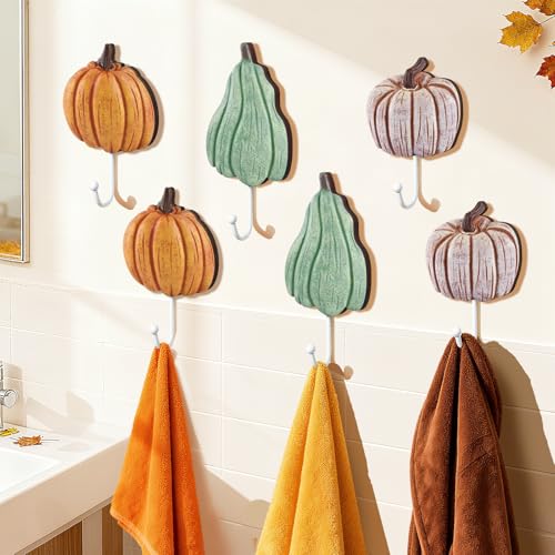 APUDWN 6PCS Vintage Fall Pumpkin Decorative Wall Hooks Autumn Rustic Wooden Pumpkin Wall...
