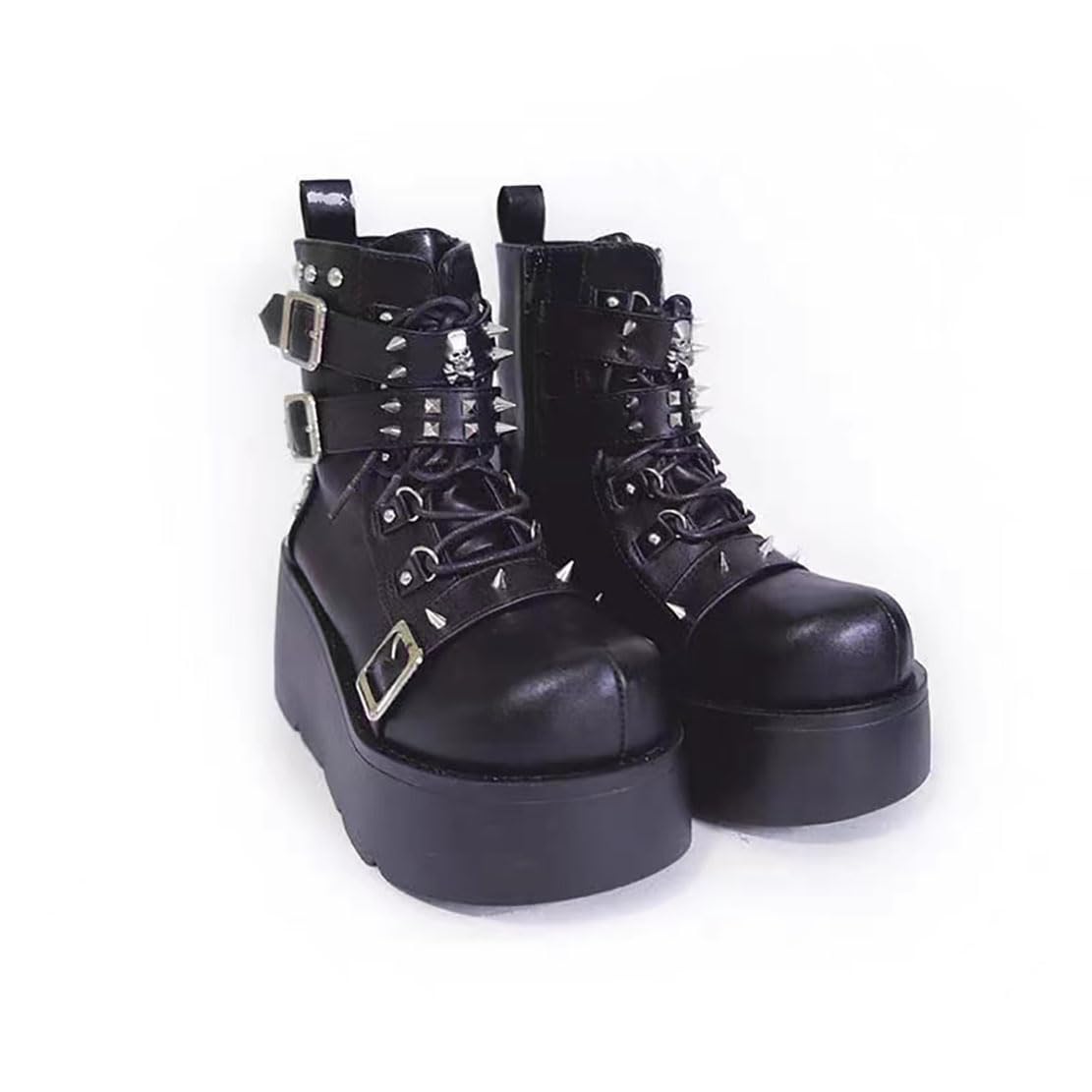 Damen-Gothic-Stiefeletten mit Plateau und Fledermausschnallen, klobige Absätze, runde Zehenpartie, Reißverschluss, Punk-Motorrad-Kampfstiefel, bequeme kurze Gothic-Stiefeletten