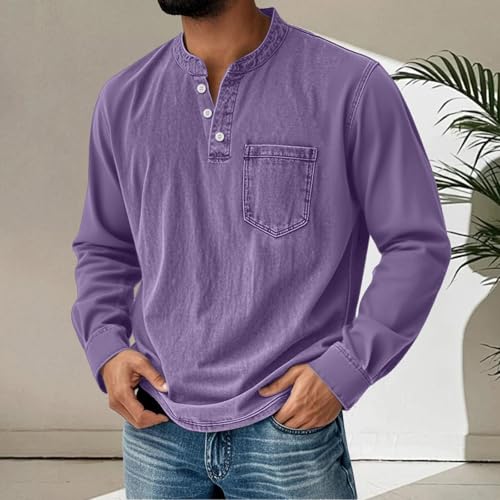 Retro Henley Shirts for Men Long Sleeve Washed Shirts Casual Golf Top Distressed Plain Tees Lightweight Business Tee3