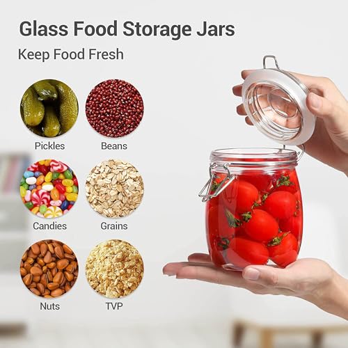Image of Glass Storage Jars with Clip Lid, Airtight Clear Food Containers for Dry Food, Coffee Beans, Cereal, Spices, Sugar & Pasta, Round, 750ml, Pack of 6