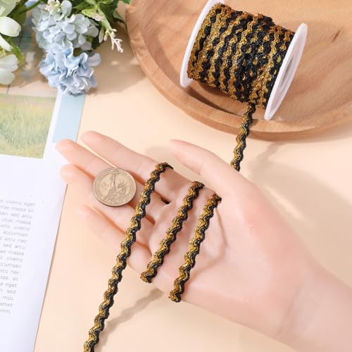 GORGECRAFT 15m x 5mm Wave Bending Fringe Trim Two-Color Sparkle Rick Rack Trim Black Gold Metallic Wire Braid Wavy Edge Lace Woven Webbing Ribbon for DIY Crafts Jewellery Making Hair Bow Gift Wrapping - Image 3