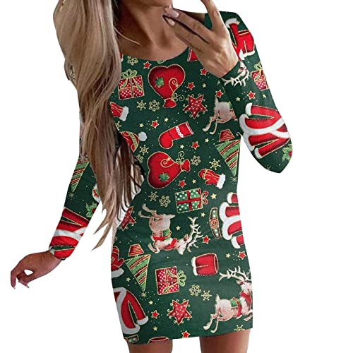 Sexy Weihnachtskleid Damen,Weihnachtskleid Strick Damen Modische Kleider Für Damen Weihnachten Bedruckt Mit Langen Ärmeln Rundhalsausschnitt Eng...