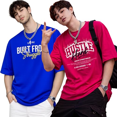 Image of London Hills Printed Cotton Blend Half Sleeve Oversized Men Round Neck Tshirts | T Shirt for Man | Tshirt | Shirts Men | Tshirt for Man | T-Shirt | Pack of 2