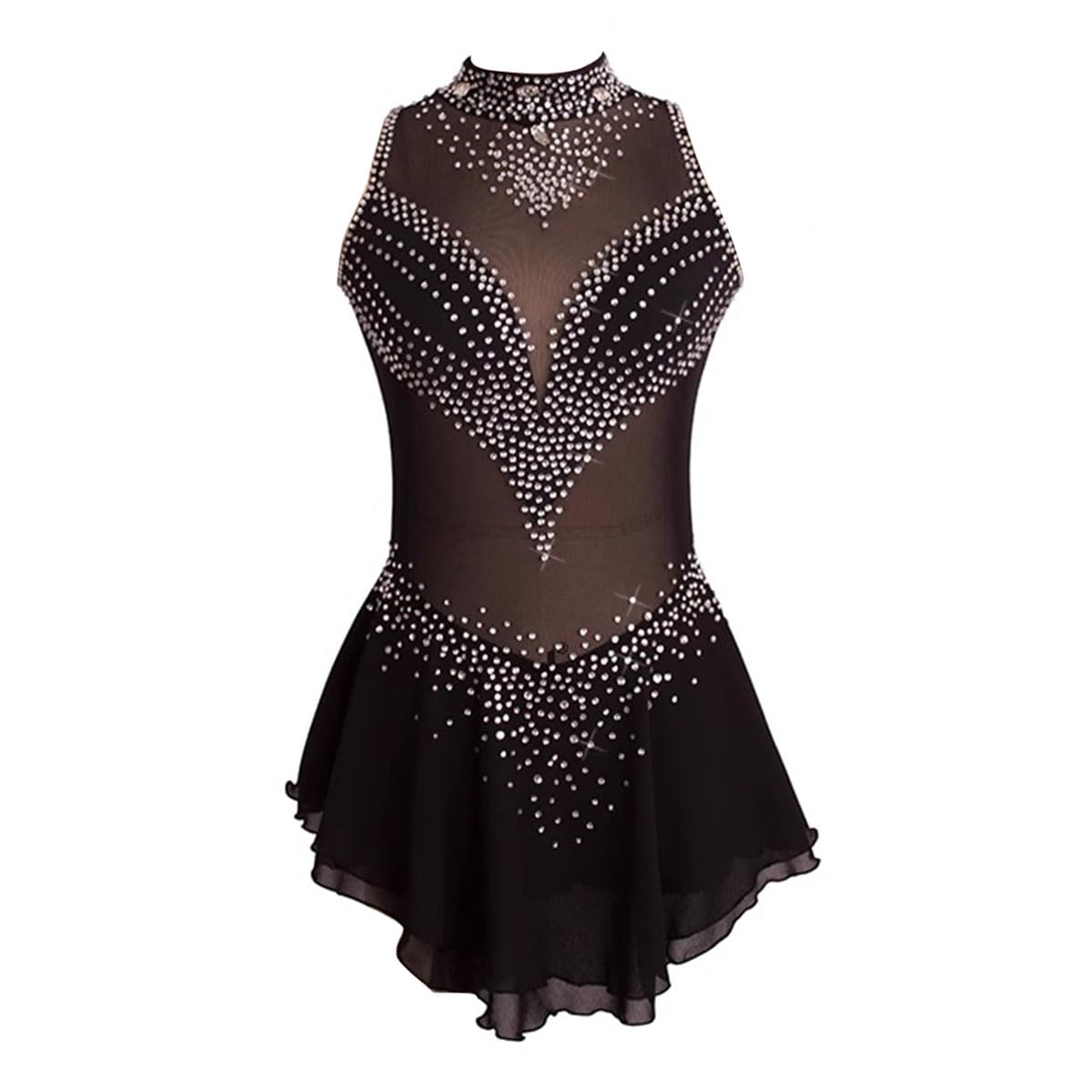 Vestido de Danza Patinaje Hielo para Mujer Maillot de Danza Maillot de Danza Moderna con Pedrerías Brillantes Leotardo de Baile sin Mangas Disfraz Bailarina,Negro,M
