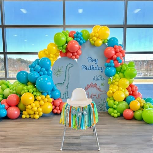 Image of Blue Green Orange Balloons, 60 Pcs 12 Inch Teal Blue Retro Orange Fruit Green Mustard Yellow Peacock Dino Latex Balloons for Cartoon Dinosaur Theme Boy Birthday Baby Shower Party Decoration Supplies
