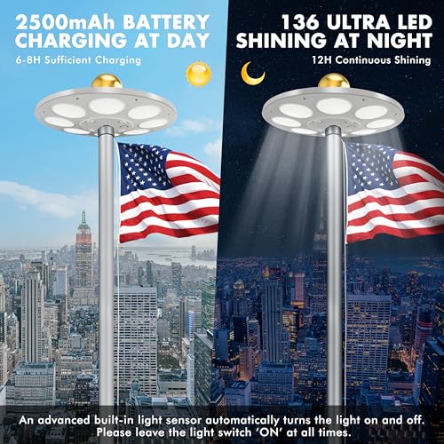 Aurolit Flagpole Light Solar Powered, 136 LED for 15-25 Ft Poles, 12 Hour Dusk to Dawn Auto On/Off, Spectacular Aurora Lighting on Outdoor Top - Thumbnail 3