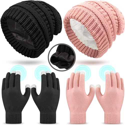 Breathffy 4 Pcs Winter Hat and Gloves for Women, Satin Lined Hats for Women Touchscreen Gloves Slouchy Knit Beanies Gift Set(Black, Pink)