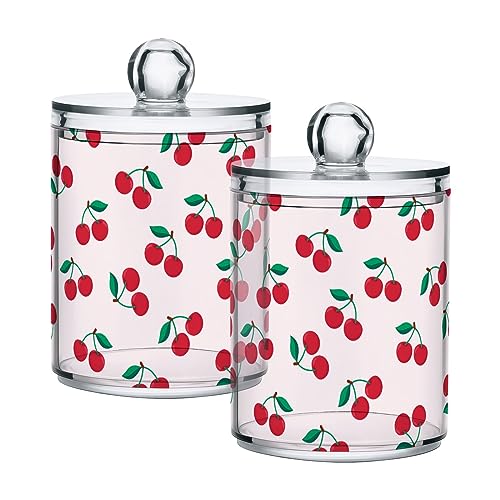 Bulletgxll Apothecary Jar with Lids 2 Pack Cute Cherry Fruit Qtip Holder Clear Plastic Containers Bathroom Vanity Countertop Organizer for Cotton Swabs, Cosmetic Pads, Sponges, Flossers