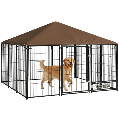 PawHut Chenil extérieur pour Chiens en métal et Tissu Oxford avec Support gamelle et Toit résistant aux intempéries Espace spacieux 211 x 211 x 151 cm Noir
