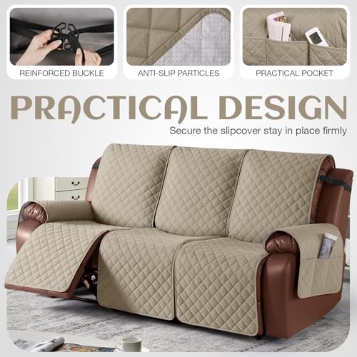 Image of KinCam Waterproof Recliner Sofa Cover, Non-Slip Reclining Couch Covers for 3 Seat, Recliner Couch Cover Furniture Protector with Elastic Straps for Pets, Kids, Khaki