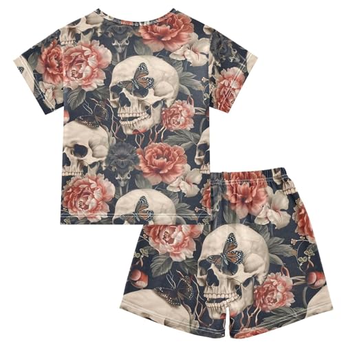 ALAZA Sugar Skull Peony Flower Butterfly Pajamas Set Short Sleeve Cotton Sleepwear Summer Pjs 2 Piece 5-14Y2