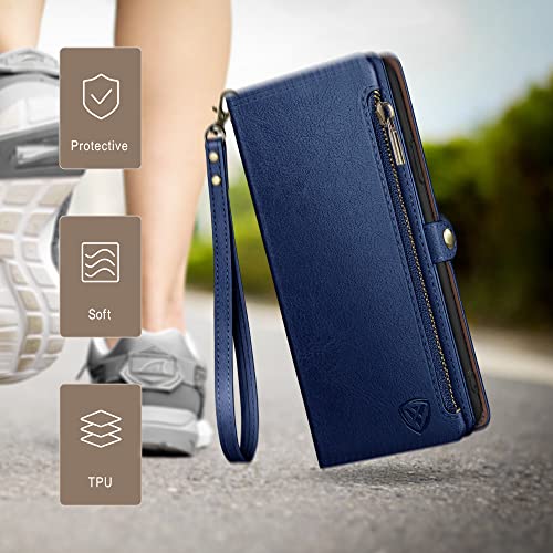 Image of XcaseBar Compatible with Samsung Galaxy S25 Wallet case with Zipper Credit Card Holder【RFID Blocking】,Flip Folio Book PU Leather Phone case Shockproof Cover Men Women for Samsung S25 case Blue