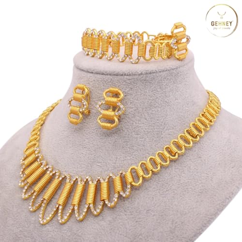 Image of GEHNEY joy of jewels 24k Gold Plated Choker Jewellery Set for Women - Earrings Ring & Bracelet Gold Necklace Set for Women Stylish - Bridal Necklaces for Women Golden with Cubic Zirconia CZ Stones
