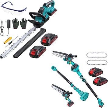 6 inch Cordless Pole Saw&Mini Chainsaw, 2-in-1 with 2pcs 2000mAh Battery + 20 Cordless Hedge Trimmer with 3000RPM 180" Rotatable Head Blue